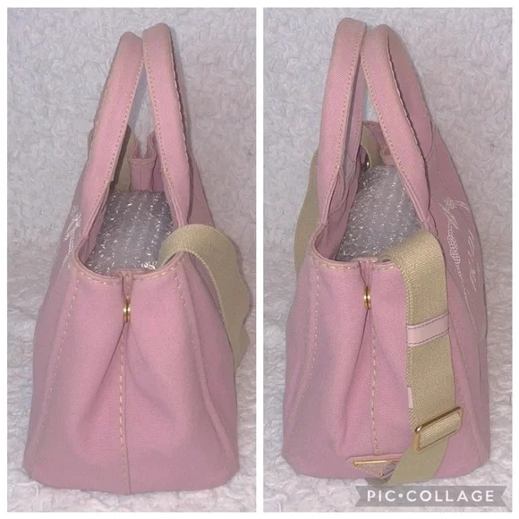 Prada Canapa RARE Light Pink Small Canvas Tote Shoulder Crossbody Bag w/ Strap